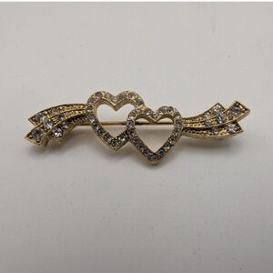 1928 Collection Gold Tone Joined Heart Ribbon Pin Brooch Clear Rhinestones